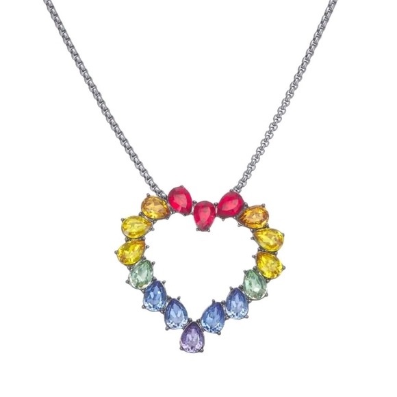 Simply Vera Wang Silver Tone Rainbow Crystal Heart Pendant Necklace Valentine's - Picture 1 of 4